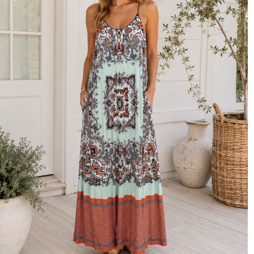 Dream Daily Womens Paisley Maxi Dress Mint Orange Boho Festival Small W4